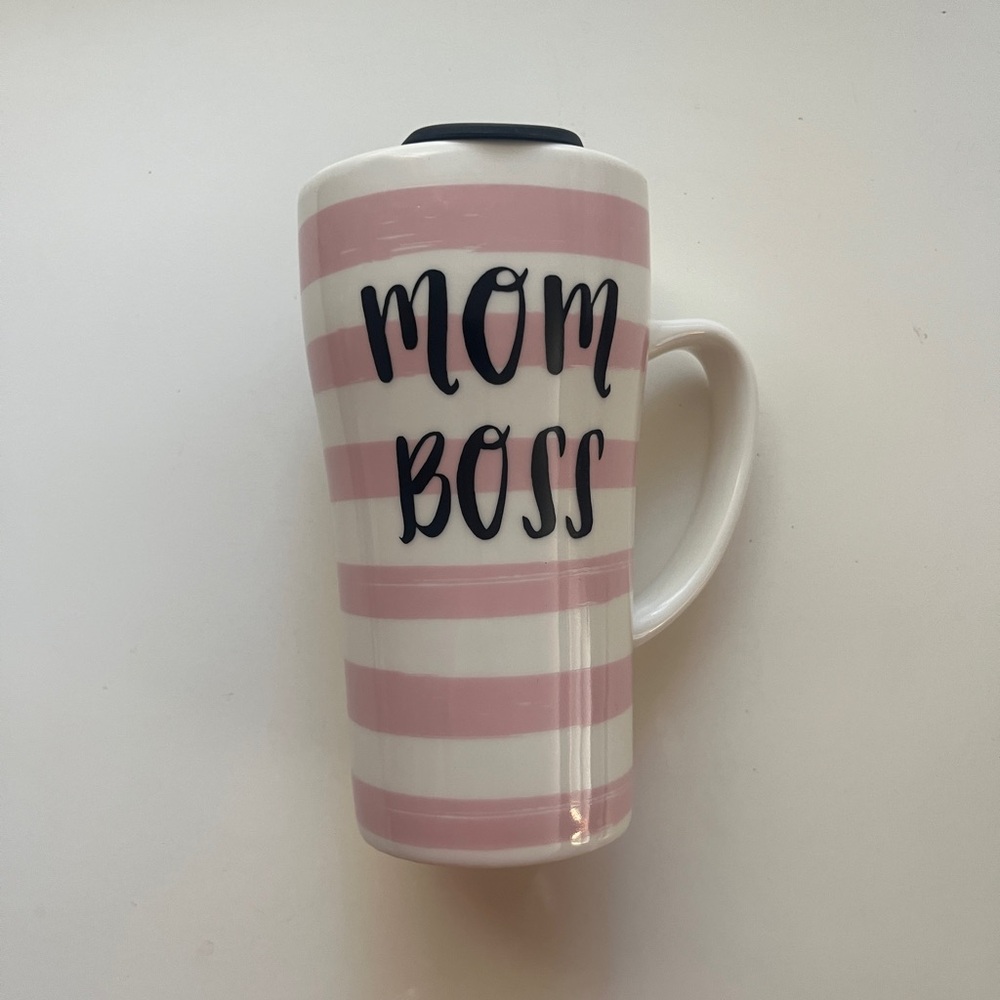Mom Boss Striped Ceramic Travel Mug 16oz - Pink & White Mother’s Day